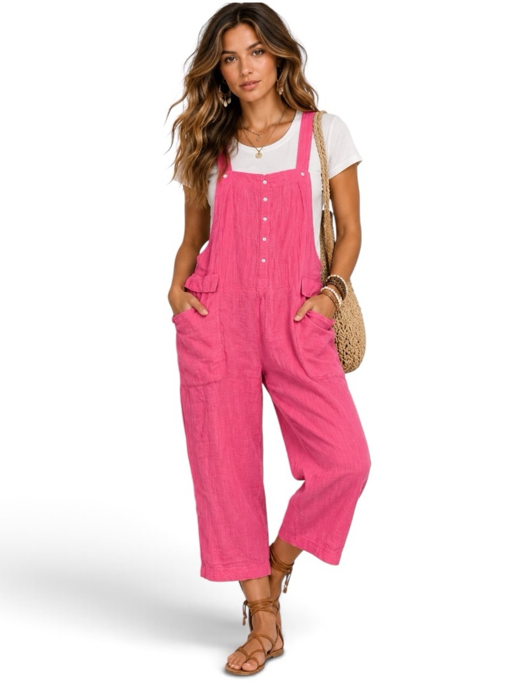 Bibi Pink Cotton Gaze Wise Leg Jumpsuit Overalls